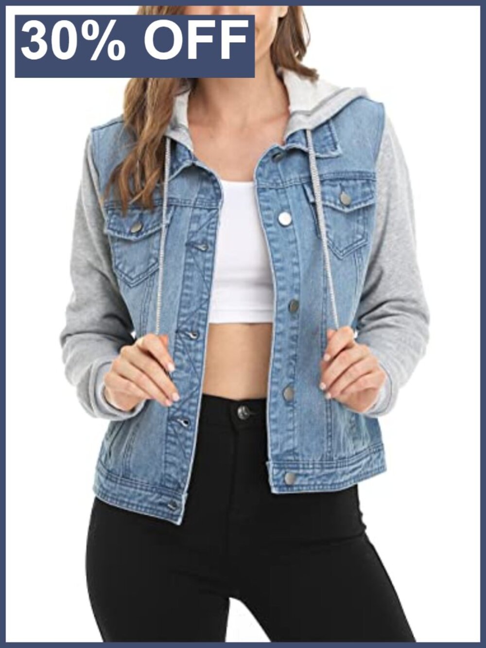 Women's Layered Drawstring Hoodie Denim Jacket 100% Cotton Casual Coat